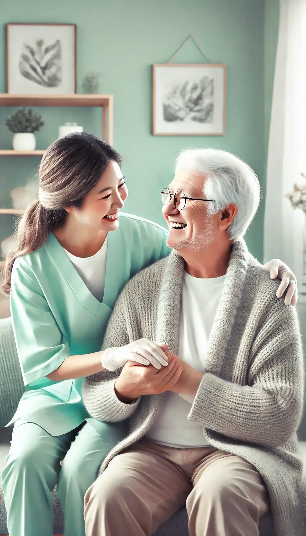 DALL·E 2025-03-05 19.14.50 - Create a highly realistic and professional image of a happy elderly person being assisted by a caregiver, using soft mint tones for a calming and mode